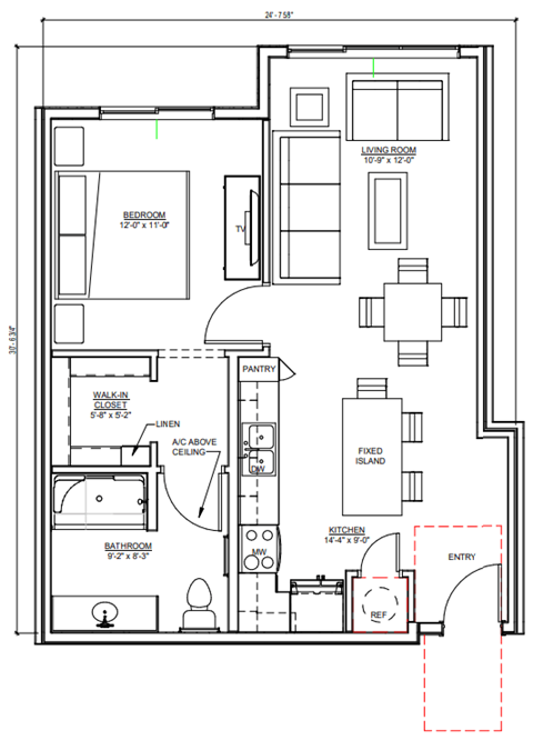 Floor plan for 1 bed, 1 bath, 641 sqft